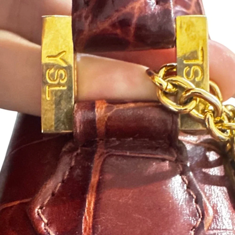 Yves Saint Laurent YSL Vintage ReddishBrowns Croc Leather‎ Tote  7x12.5x4
